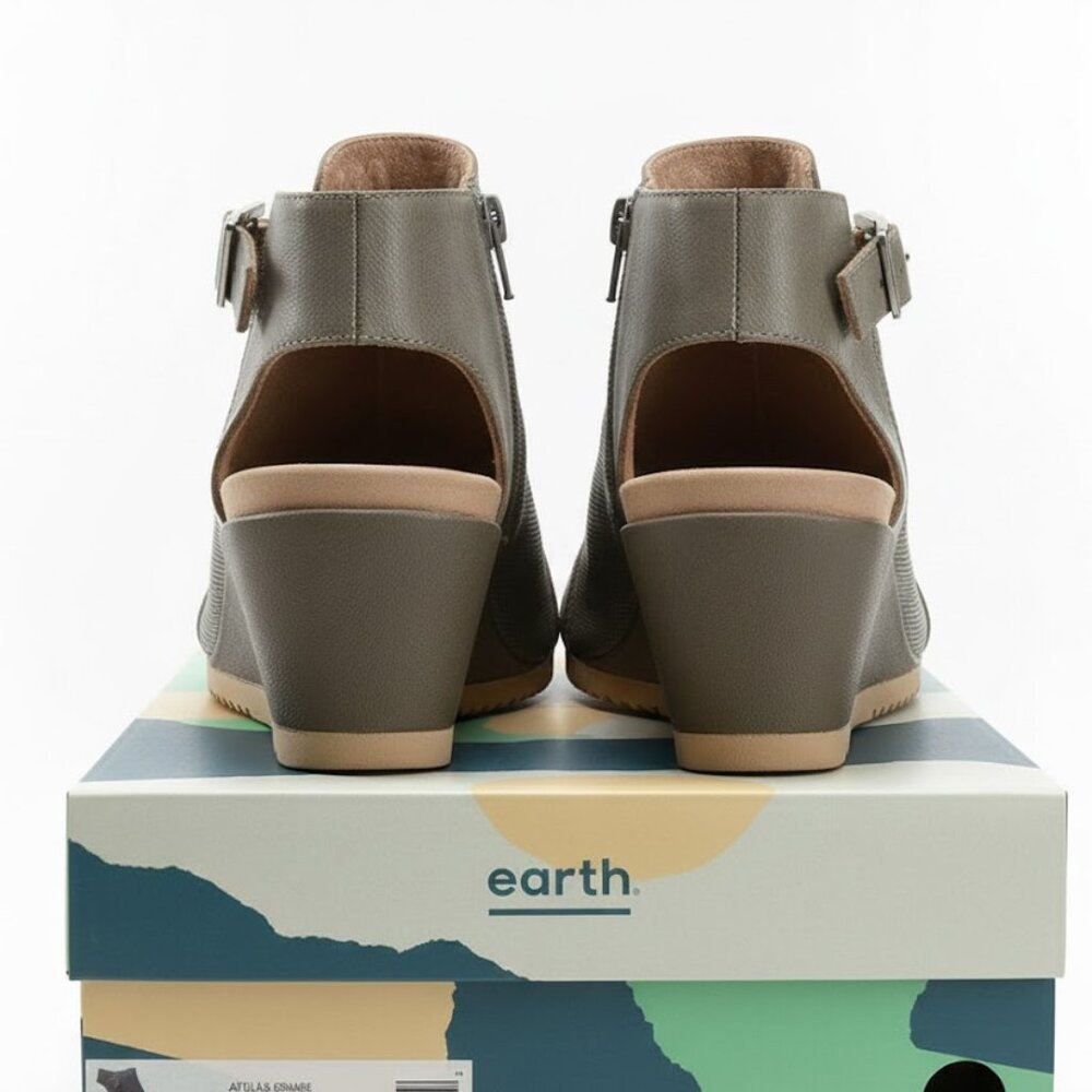 Earth Attalea Slate Blue Leather Peep Toe Wedge Sandals Women's 9.5 EUC - Picture 6 of 15